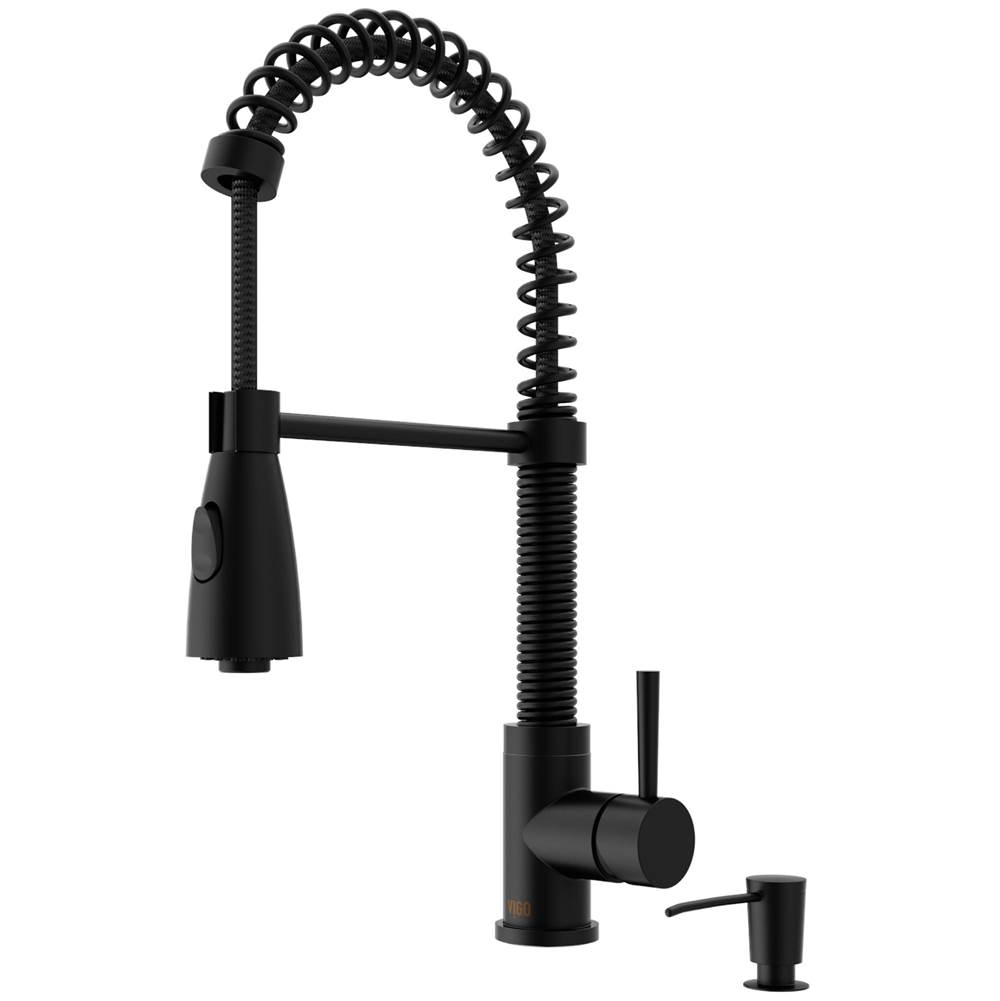 Vigo Brant Single Handle Pull-Down Sprayer Kitchen Faucet Set with Soap Dispenser in Matte Black