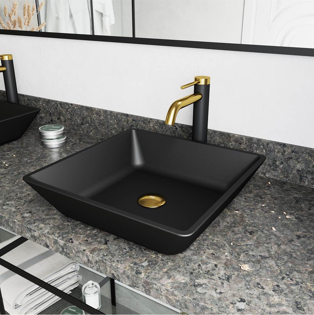 Vigo Black Roma MatteShell Vessel Bathroom Sink and Lexington cFiber Faucet in Matte Brushed Gold and Matte Black