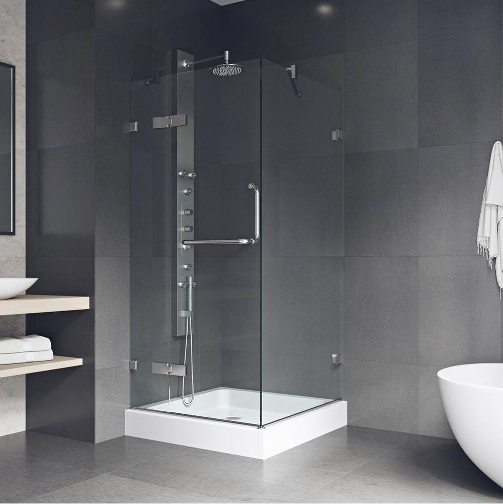 Vigo Monteray 32.375 W X 70.75 H Frameless Hinged Shower Enclosure In Chrome With Shower Base And Handle