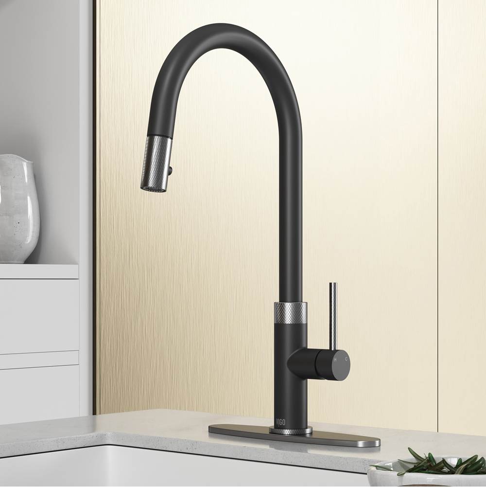 Vigo Bristol Pull-Down Kitchen Faucet with Deck Plate in Stainless Steel and Matte Black