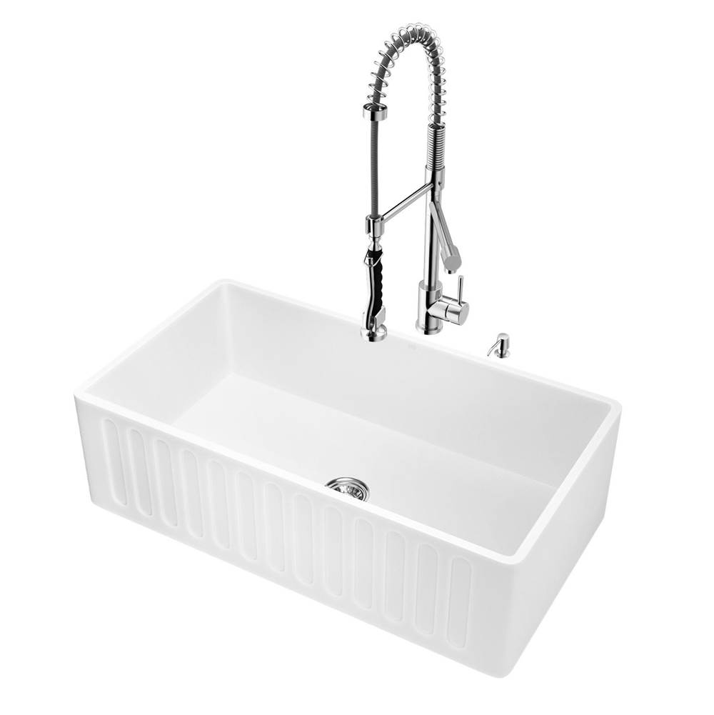 Vigo All-In-One 33'' Matte Stone Farmhouse Kitchen Sink Set Zurich Faucet In Chrome, Strainer And Soap Dispenser