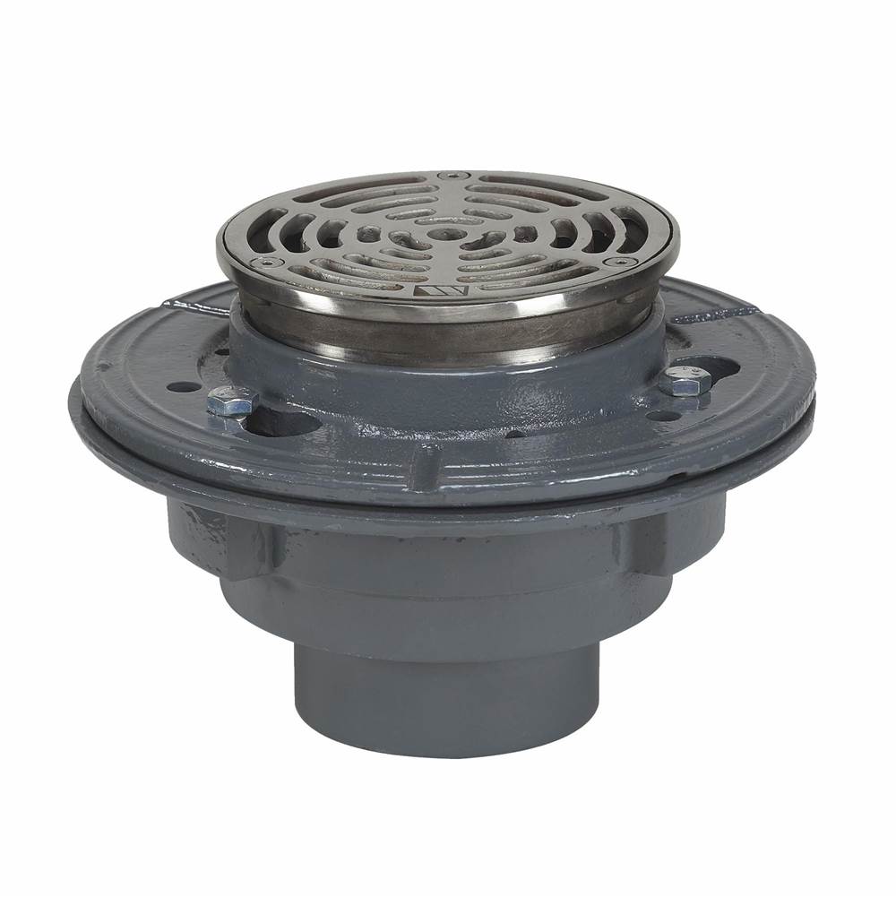Watts Floor Drain, 3 IN Pipe, No Hub, Anchor Flange, Reversible Clamping Collar, 5 IN Adjustable Round Stainless Steel Top, Epoxy Coated Cast Iron