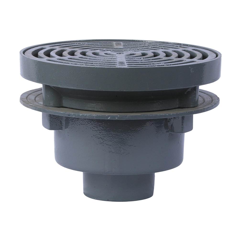 Watts Floor Drain, 2 IN Pipe, Push On, Anchor Flange, Weepholes, 12 IN Round Ductile Iron Grate, Epoxy Coated Cast Iron